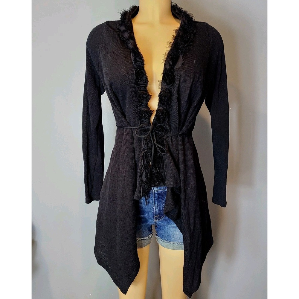 Vtg Y2K Rampage Cardi Sweater Women XS Black Tie Front Buffy Goth Rose Romance
